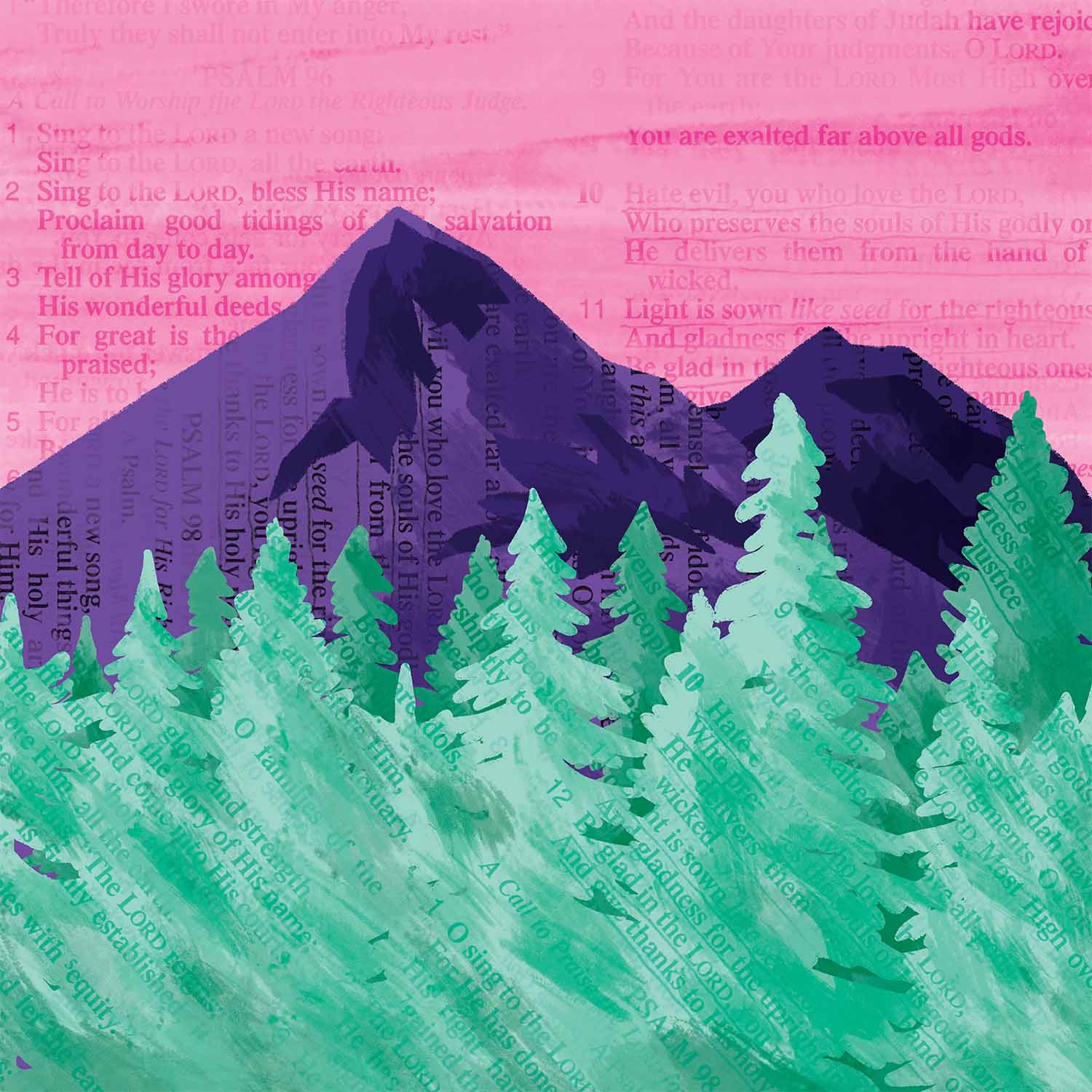 Illustration of forrest with a purple mountain backdrop.